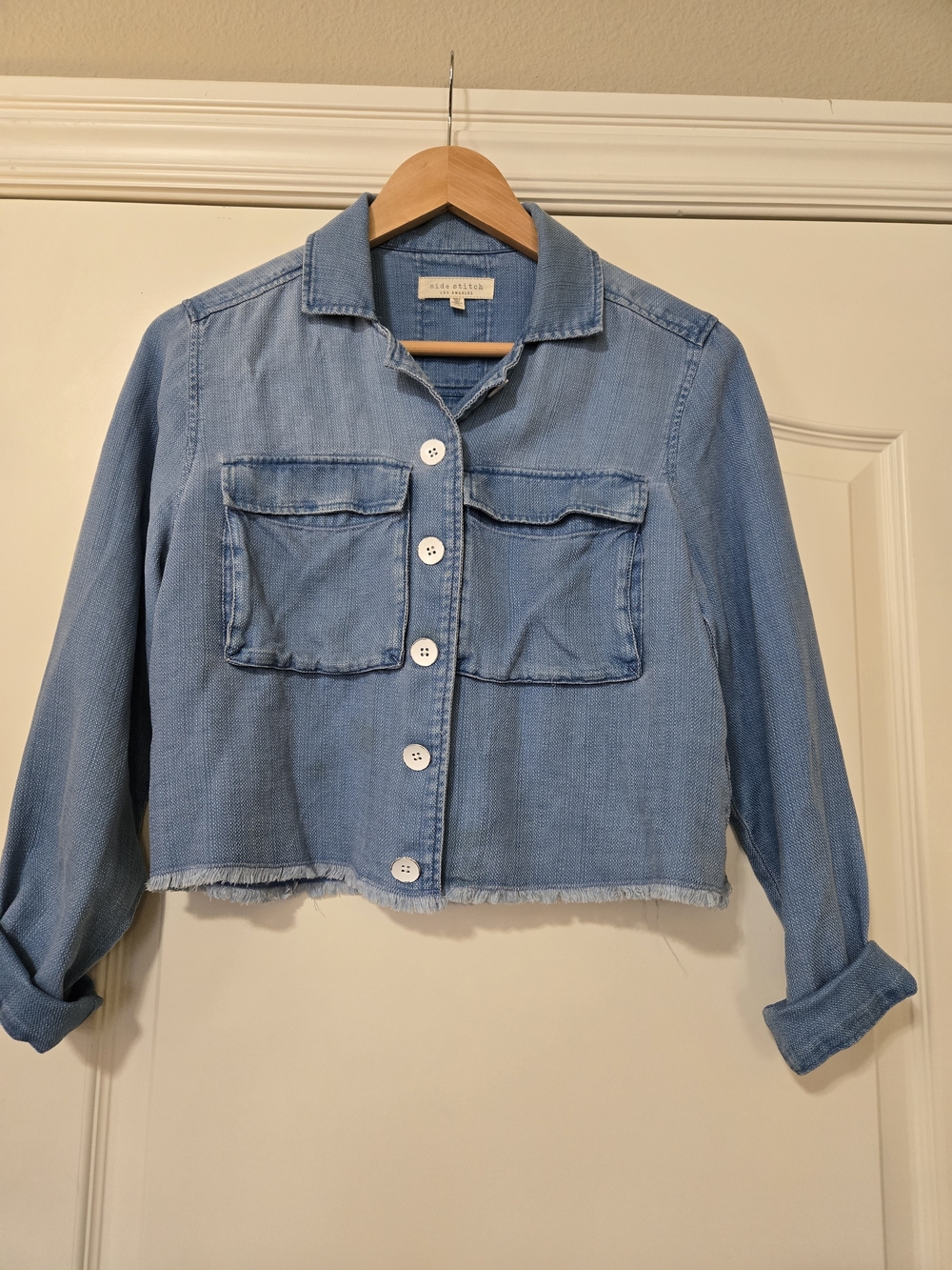Side Stitch Light Blue Cropped Jean Jacket with Raw Hem Cozy Fall Layering